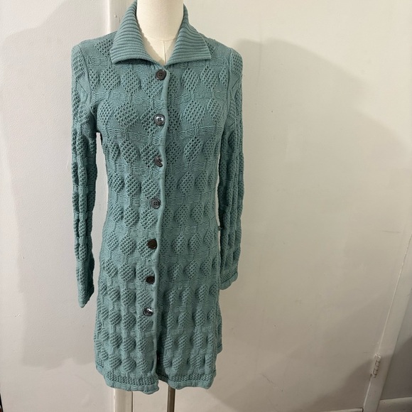 Bloomingdale’s 100% Wool Teal Sweater Long Cardigan Buttons Sz PS Chunky Knit - Picture 1 of 13